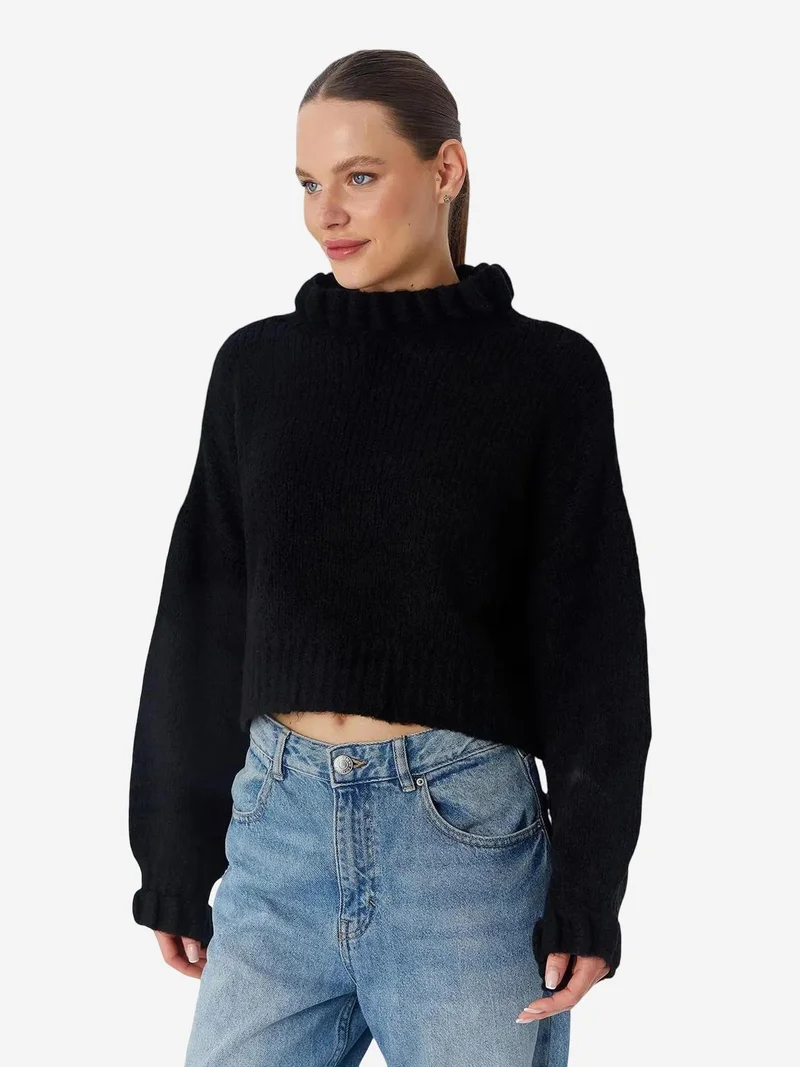 Mixray Black Mixray Thick Turtleneck Textured Crop Sweater for Women | Best Price UAE