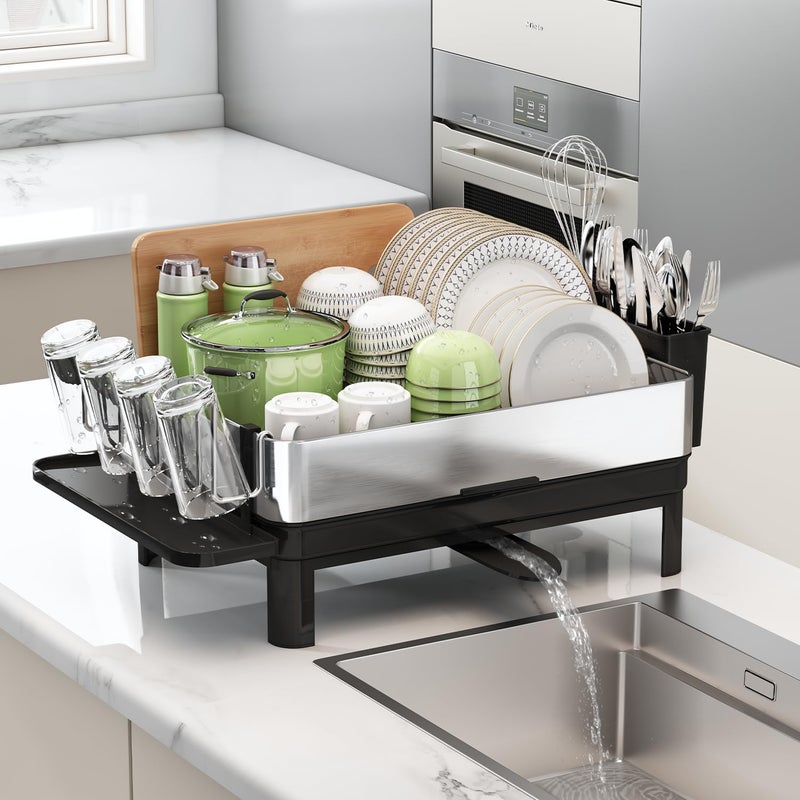 BOOSINY Dish Drying Rack with Drainboard Stainless Steel Dish Rack 2 Tier Extra Large Dish Drainer with Cup Holder and Utensil Holder for Kitchen Counter