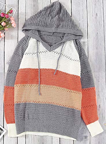 FEKOAFE Womens Color Block Hoodies Lightweight Knit Sweaters Long Sleeve Casual Striped V Neck Cute Hoodies Gray XXL - Image 5