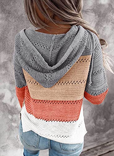 FEKOAFE Womens Color Block Hoodies Lightweight Knit Sweaters Long Sleeve Casual Striped V Neck Cute Hoodies Gray XXL - Image 2