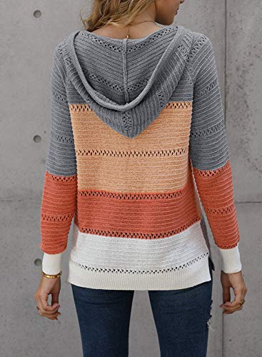 FEKOAFE Womens Color Block Hoodies Lightweight Knit Sweaters Long Sleeve Casual Striped V Neck Cute Hoodies Gray XXL - Image 4
