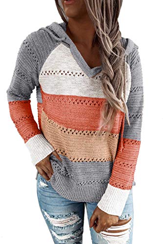 FEKOAFE Womens Color Block Hoodies Lightweight Knit Sweaters Long Sleeve Casual Striped V Neck Cute Hoodies Gray XXL - Image 1