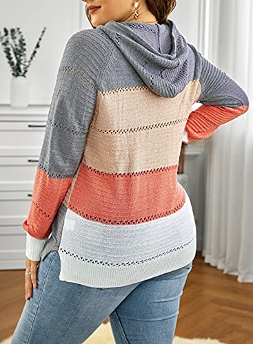 FEKOAFE Womens Color Block Hoodies Lightweight Knit Sweaters Long Sleeve Casual Striped V Neck Cute Hoodies Gray XXL - Image 3