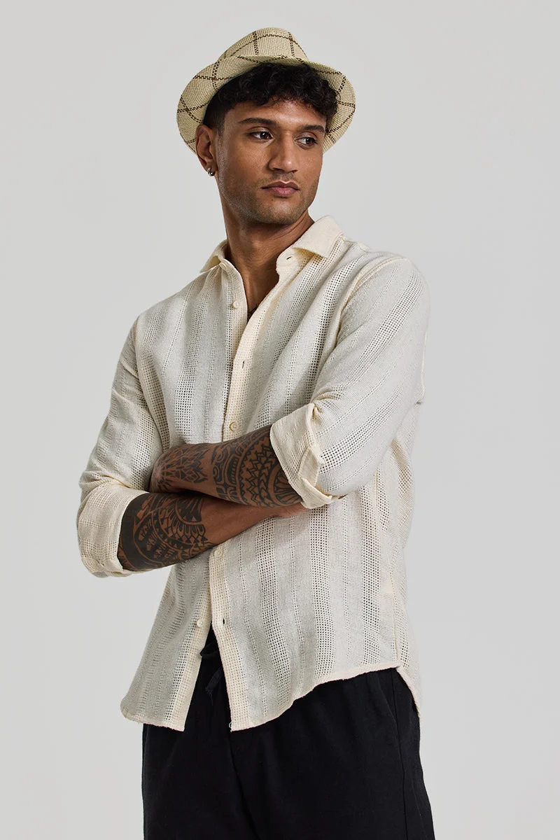 سنيتش Cream Textured Long Sleeve Slim Fit Casual Shirt
