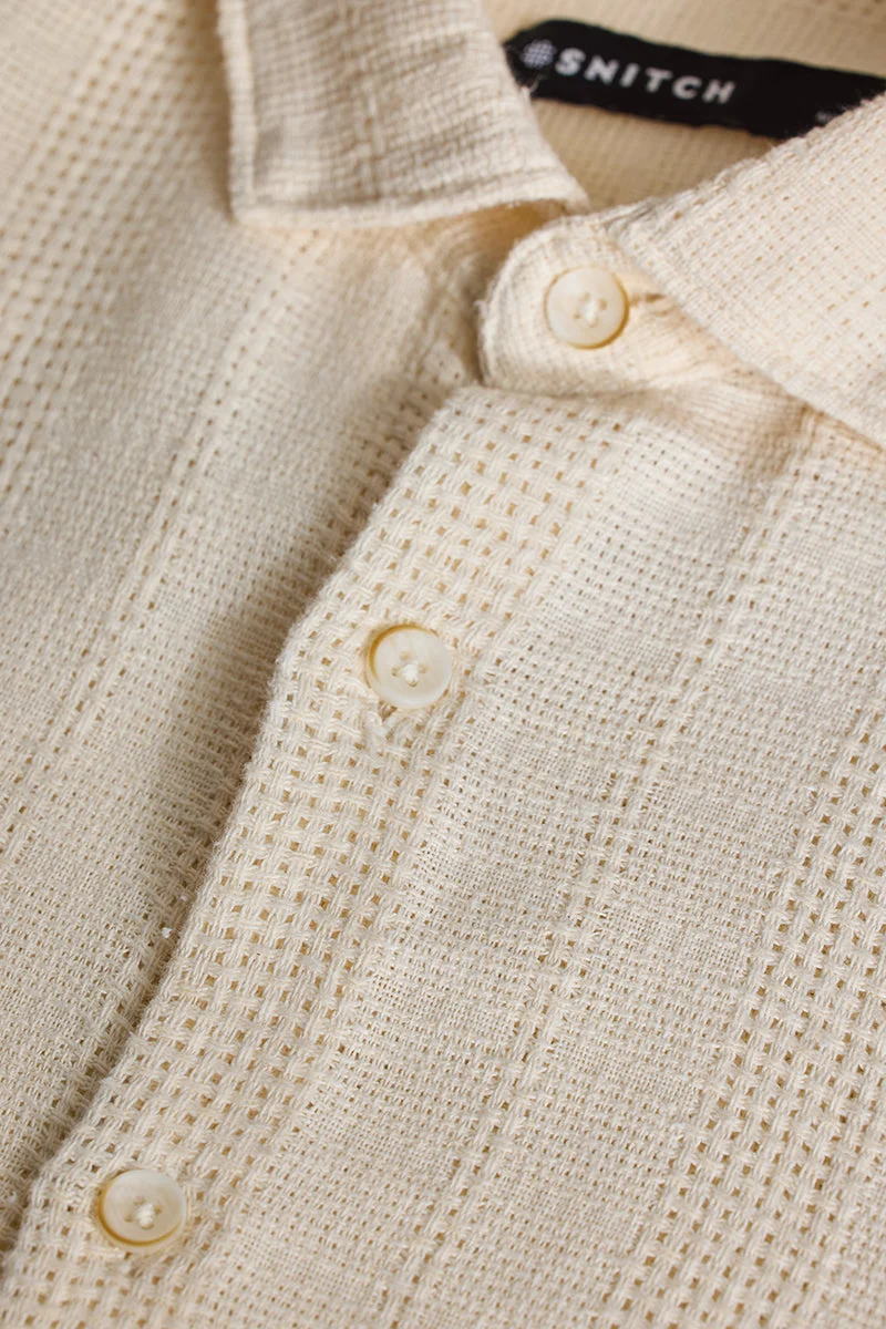 سنيتش Cream Textured Long Sleeve Slim Fit Casual Shirt