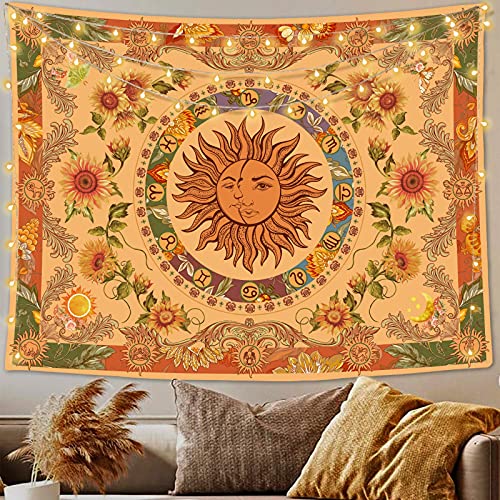 Accnicc Yellow Sun and Moon Tapestry Vintage Indie Boho Tapestry Wall Hanging with Sunflowers Butterfly Moth Constellation Aesthetic Wall Tapestries for Bedroom Dorm Living Room (Orange, 60'' × 50'') - Image 1