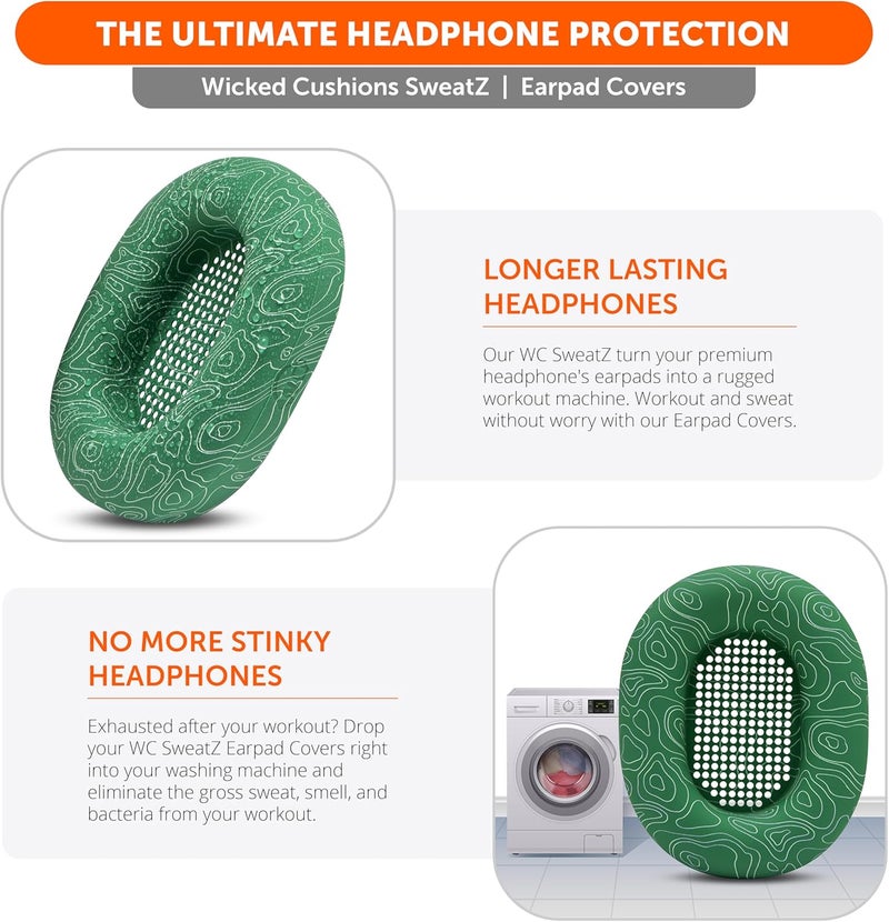 WC SweatZ XM5 - وسادات أذن حاصلة على براءة اختراع مع حماية من العرق لسماعات Sony WH1000XM5 من Wicked Cushions | حماية كاملة 360 درجة لوسادات الأذن | لون المد الزمردي - Image 4