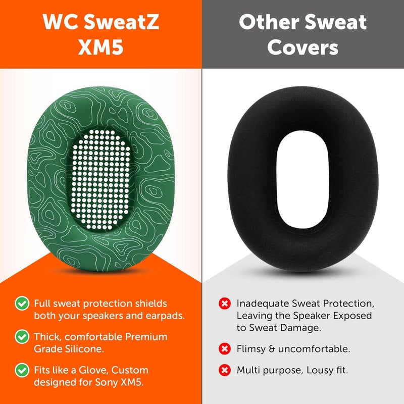 WC SweatZ XM5 - وسادات أذن حاصلة على براءة اختراع مع حماية من العرق لسماعات Sony WH1000XM5 من Wicked Cushions | حماية كاملة 360 درجة لوسادات الأذن | لون المد الزمردي - Image 3