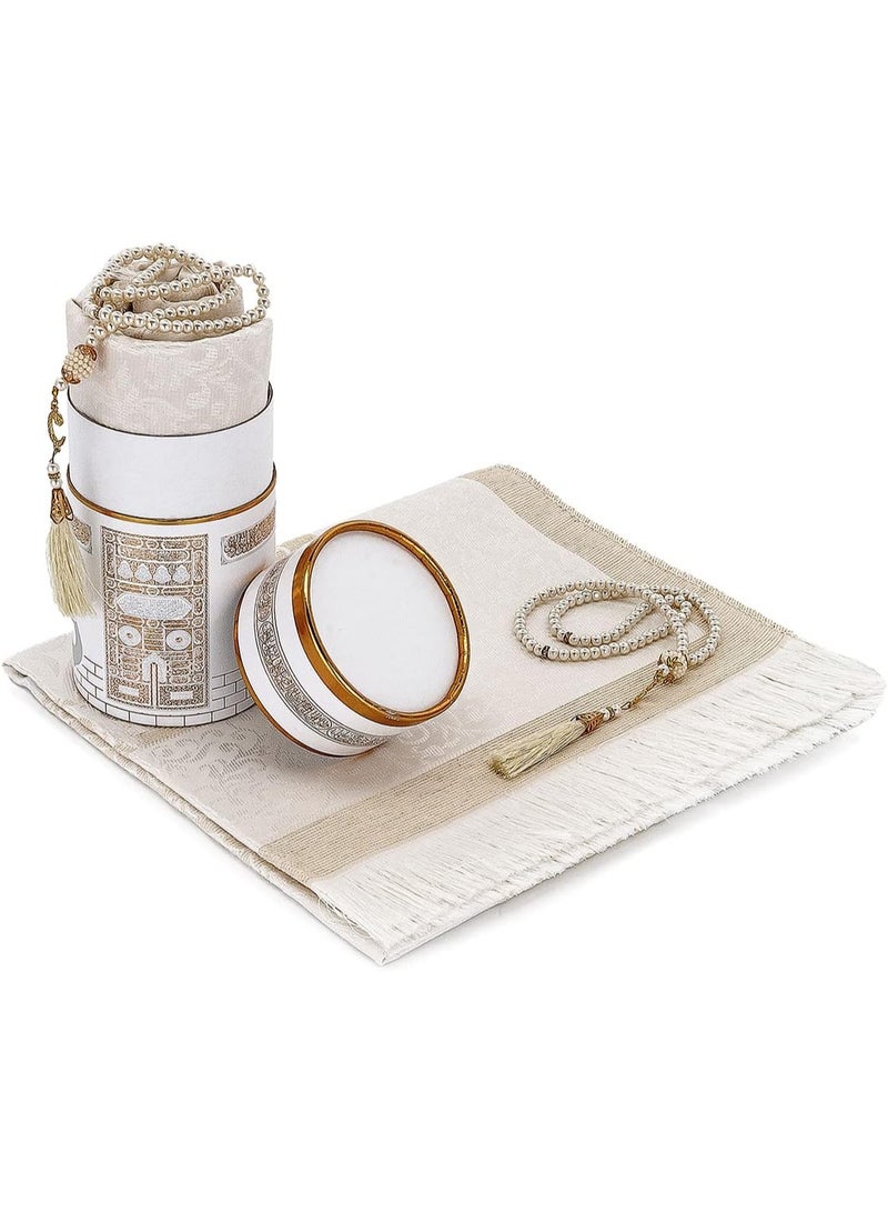 DubaiGallery Islamic Prayer Mat Gift Set Including Soft Prayer Rug, Elegant Pearl Tasbih, Decorative Cylindrical Box, Designed for Comfort, Durability and Daily Namaz Use - Image 1