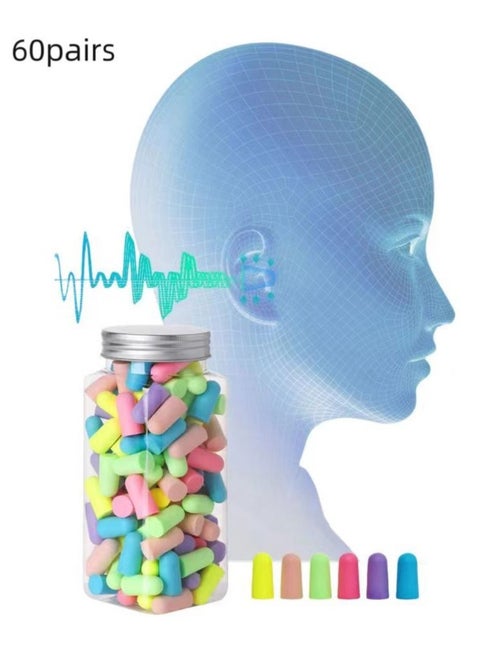 60 Pairs Pack - Colorful Ultra Soft Foam Earplugs Sleep, 38dB SNR 31dB NRR Sound Blocking Noise Cancelling Ear Plugs for Sleeping, Travel, Shooting and Working Reusable Earplug