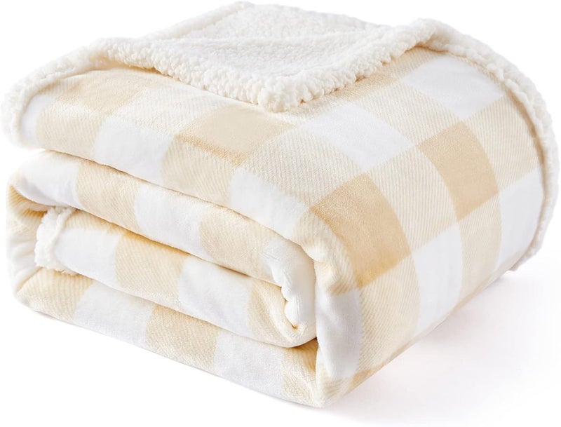 Touchat Sherpa Buffalo Plaid Twin Blanket 60" X 70", Fuzzy Fluffy Soft Cozy Throw Blanket, Fleece Flannel Plush Microfiber Blanket for Couch Bed Sofa(Beige) - Image 1