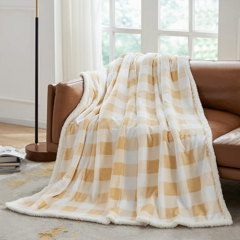 Touchat Sherpa Buffalo Plaid Twin Blanket 60" X 70", Fuzzy Fluffy Soft Cozy Throw Blanket, Fleece Flannel Plush Microfiber Blanket for Couch Bed Sofa(Beige) - Image 2