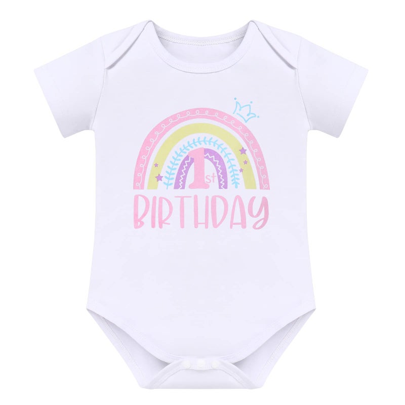 ODASDO Baby Girl Boho Rainbow 1st First Birthday Cake Smash Outfit One Year Old Party Photo Props Cotton Short Sleeve Romper Tutu Tulle Skirt Diaper Cover Shorts Mini Crown Hat 3pcs Set Multicolor - Image 2