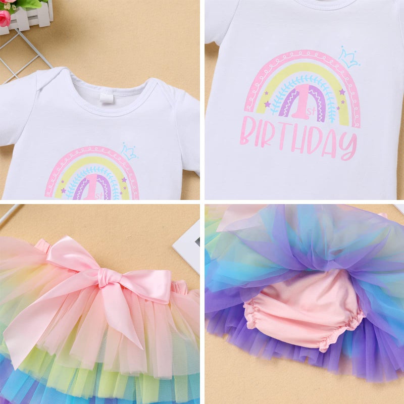 ODASDO Baby Girl Boho Rainbow 1st First Birthday Cake Smash Outfit One Year Old Party Photo Props Cotton Short Sleeve Romper Tutu Tulle Skirt Diaper Cover Shorts Mini Crown Hat 3pcs Set Multicolor - Image 5