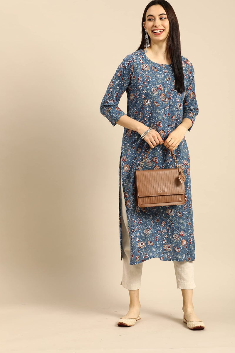Monira Women'S Blue Pure Cambric Cotton Regular Fit Kalamkari Floral Print Kurti (MONJPR69C-Small) - Image 3