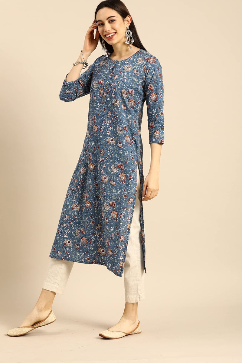 Monira Women'S Blue Pure Cambric Cotton Regular Fit Kalamkari Floral Print Kurti (MONJPR69C-Small) - Image 4
