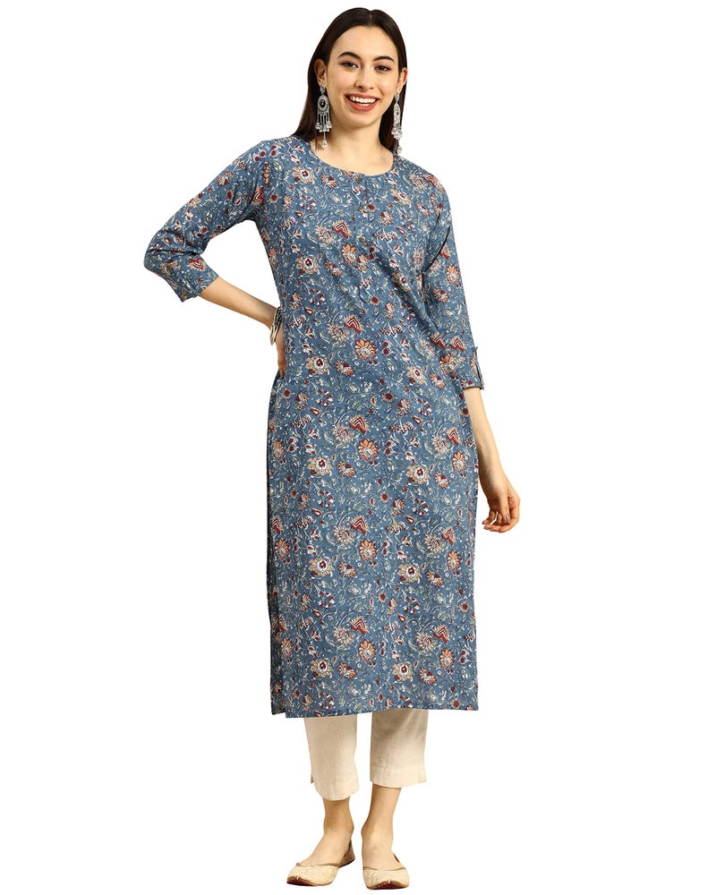 Monira Women'S Blue Pure Cambric Cotton Regular Fit Kalamkari Floral Print Kurti (MONJPR69C-Small) - Image 1