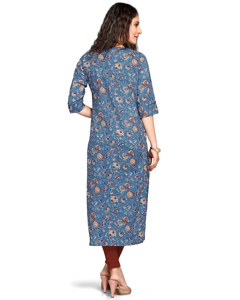 Monira Women'S Blue Pure Cambric Cotton Regular Fit Kalamkari Floral Print Kurti (MONJPR69C-Small) - Image 2