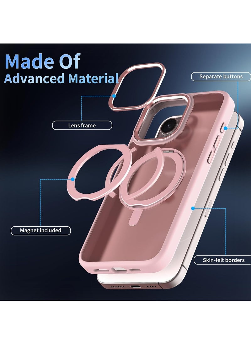 Case for IPhone 16 Pro Max (2024),Magnetic Frosted Phone Case with 360° Rotatable Ring Bracket,Compatible with Car Mount & Wireless Charging,Anti-fall Protective Cover (Pink)