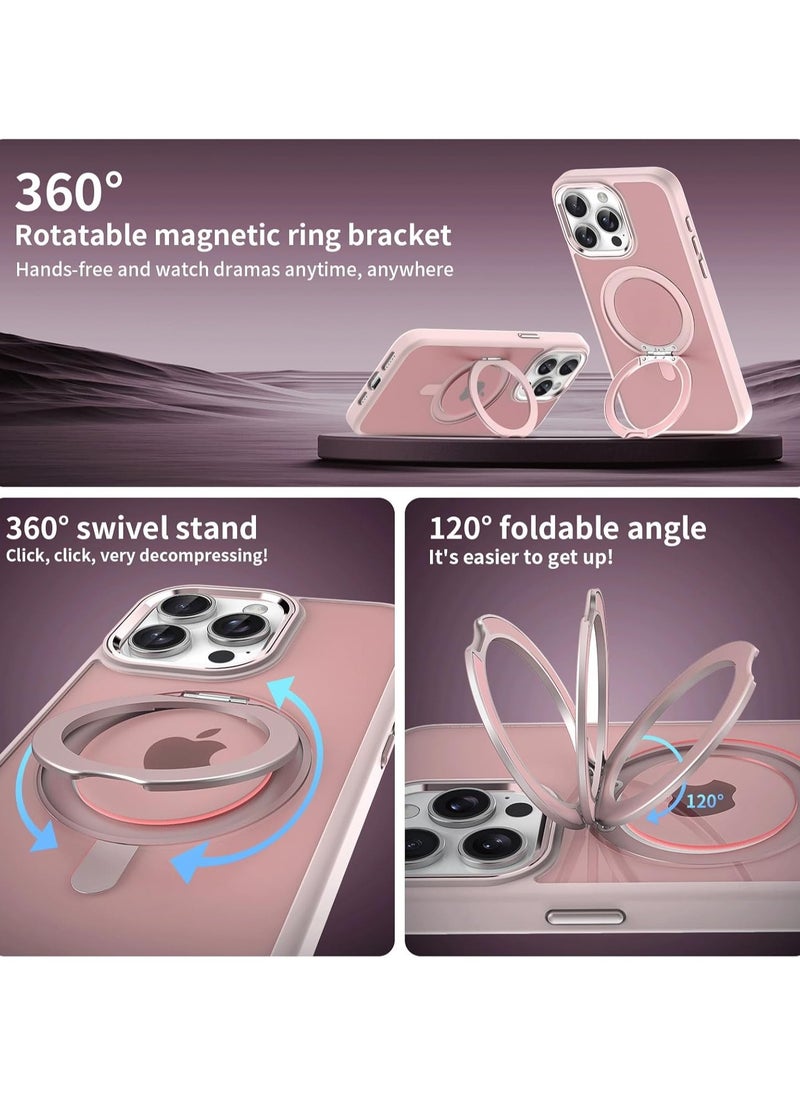 Case for IPhone 16 Pro Max (2024),Magnetic Frosted Phone Case with 360° Rotatable Ring Bracket,Compatible with Car Mount & Wireless Charging,Anti-fall Protective Cover (Pink)