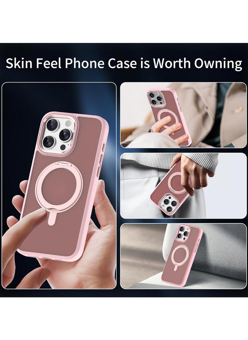 Case for IPhone 16 Pro Max (2024),Magnetic Frosted Phone Case with 360° Rotatable Ring Bracket,Compatible with Car Mount & Wireless Charging,Anti-fall Protective Cover (Pink)