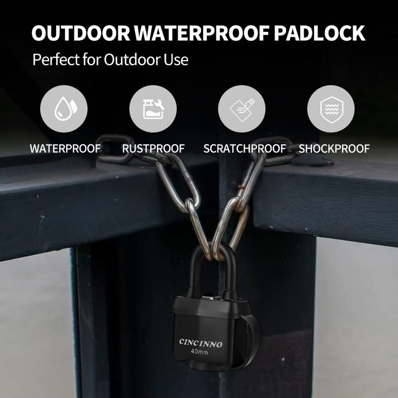 CINCINNO أقفال Cincinno مقاومة للطقس للاستخدام في الهواء الطلق، 6 عبوات من الأقفال ذات المفاتيح على حد سواء مع قفل وسادة شديد التحمل بجسم عريض 1-9/16 بوصة لوحدة تخزين الحظائر وبوابة السياج وصندوق الأدوات - Image 5