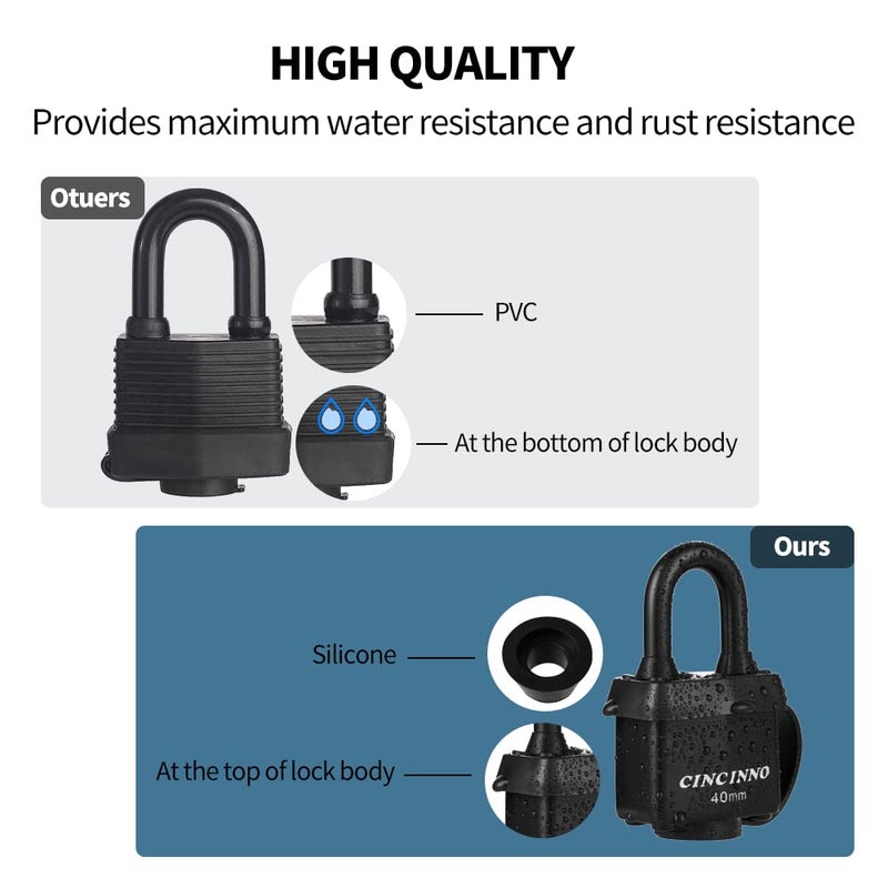 CINCINNO أقفال Cincinno مقاومة للطقس للاستخدام في الهواء الطلق، 6 عبوات من الأقفال ذات المفاتيح على حد سواء مع قفل وسادة شديد التحمل بجسم عريض 1-9/16 بوصة لوحدة تخزين الحظائر وبوابة السياج وصندوق الأدوات - Image 3