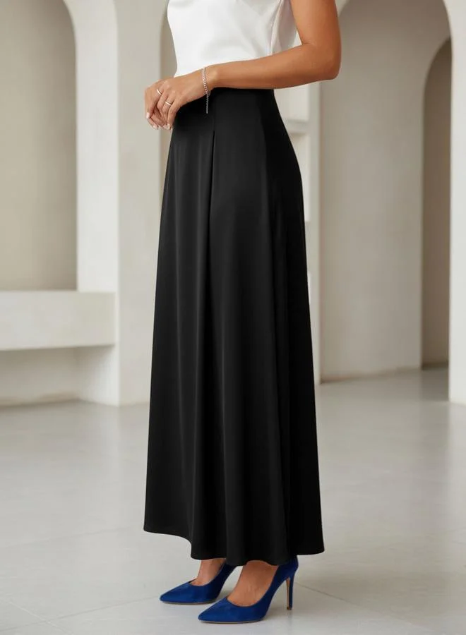 Take Two Black Solid Pleated Details A-Line Maxi Dress
