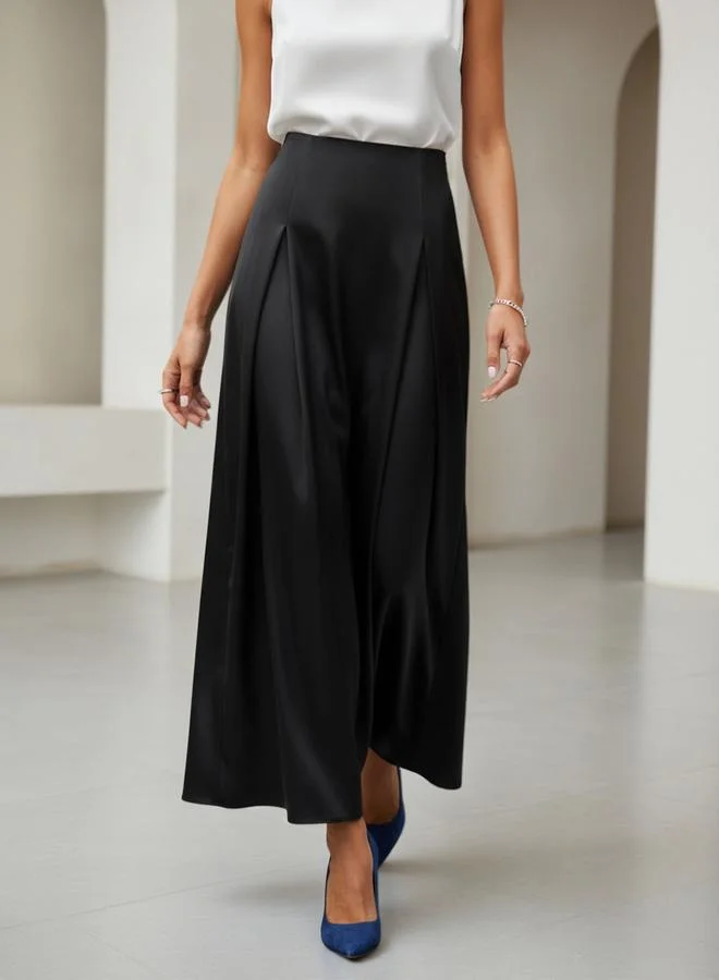 Take Two Black Solid Pleated Details A-Line Maxi Dress