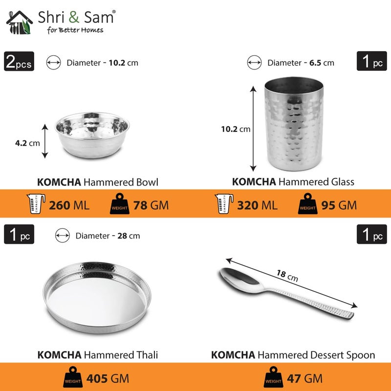 Shri & Sam Shri & Sam High Grade Stainless Steel Komcha Hammered Thali Set 28 cm for 1 People (Mirror Finish)  - Image 2