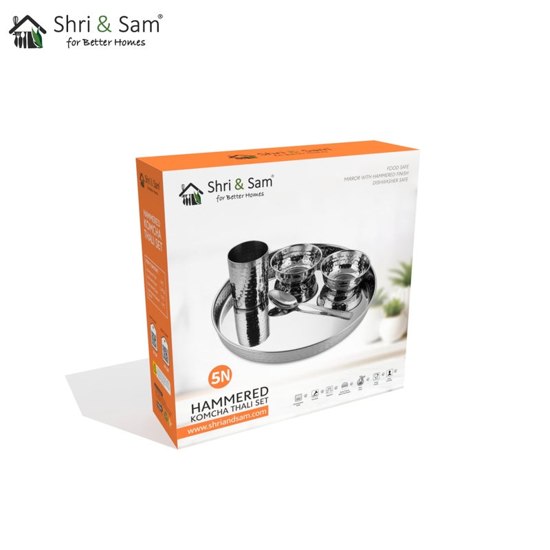 Shri & Sam Shri & Sam High Grade Stainless Steel Komcha Hammered Thali Set 28 cm for 1 People (Mirror Finish)  - Image 3