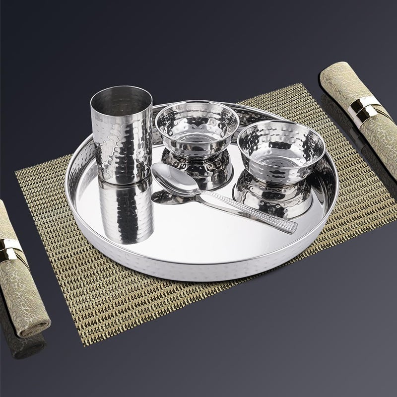 Shri & Sam Shri & Sam High Grade Stainless Steel Komcha Hammered Thali Set 28 cm for 1 People (Mirror Finish)  - Image 1