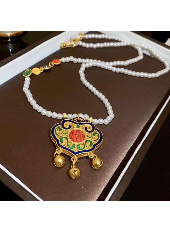 Contrast Color Geometric Lucky Bag Necklace New Chinese Retro Design Clavicle Chain Chinese Style Fashion New Necklace