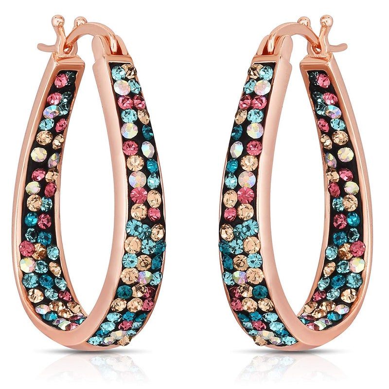 Savlano Inside Out Oval Shape Crystal Hoop Earrings For Women (Rose Gold Multicolor) - Image 2