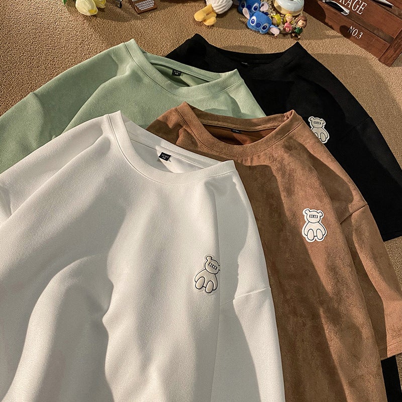 Suede Short-Sleeved T-Shirt Men'S 2023 American Style Retro Casual Heavy-Weight Mid-Sleeved Oversize Summer Fashion Brand Half-Sleeved - Image 2