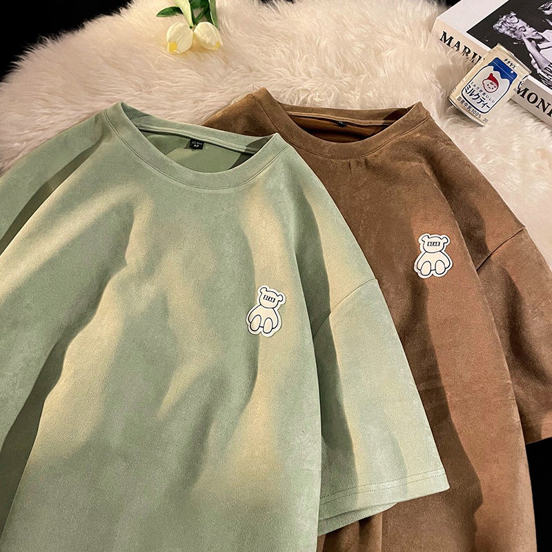 Suede Short-Sleeved T-Shirt Men'S 2023 American Style Retro Casual Heavy-Weight Mid-Sleeved Oversize Summer Fashion Brand Half-Sleeved - Image 3