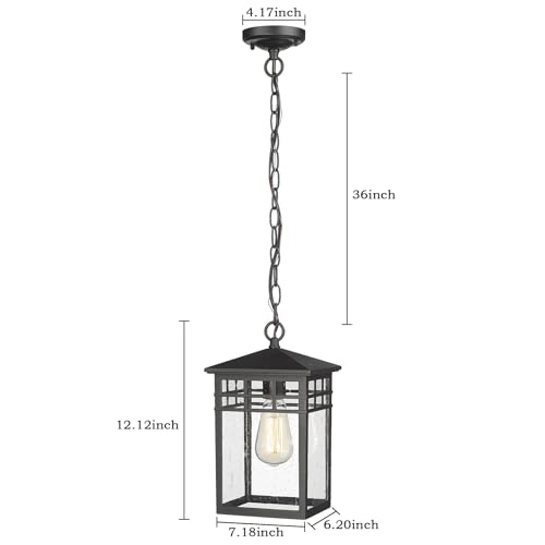 Diyel Outdoor Pendant Light Lanterns for Front Porch, Black Exterior Hanging Light Fixtures with Seeded Glass Shade for Patio, Entryway, Garage, Gazebo, RZ009-H BK - Image 4