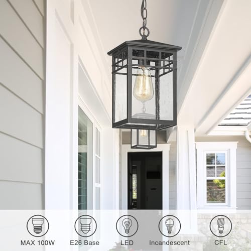 Diyel Outdoor Pendant Light Lanterns for Front Porch, Black Exterior Hanging Light Fixtures with Seeded Glass Shade for Patio, Entryway, Garage, Gazebo, RZ009-H BK - Image 3
