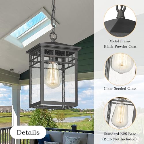 Diyel Outdoor Pendant Light Lanterns for Front Porch, Black Exterior Hanging Light Fixtures with Seeded Glass Shade for Patio, Entryway, Garage, Gazebo, RZ009-H BK - Image 2