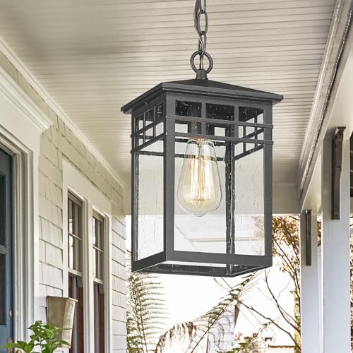 Diyel Outdoor Pendant Light Lanterns for Front Porch, Black Exterior Hanging Light Fixtures with Seeded Glass Shade for Patio, Entryway, Garage, Gazebo, RZ009-H BK - Image 5