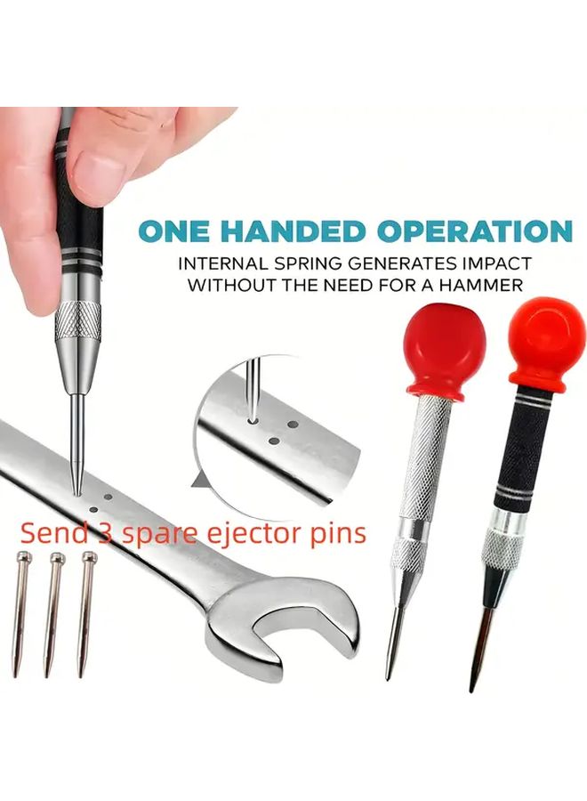 Upgraded Automatic Punch With Non Slip Grip 3 Spare Thimbles For Car Breaking And Precision Drilling Silver Black And Red - Image 1