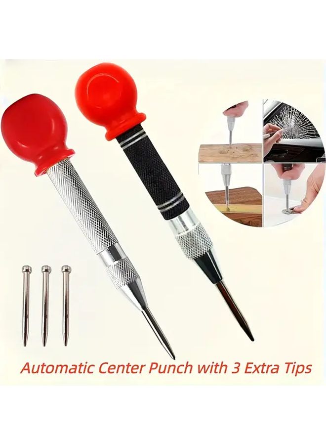 Upgraded Automatic Punch With Non Slip Grip 3 Spare Thimbles For Car Breaking And Precision Drilling Silver Black And Red - Image 2