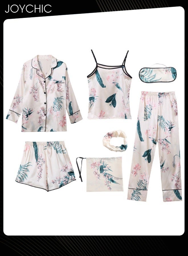 Joychic طقم بيجامة نسائي مكون من 7 قطع لجميع الفصول بأكمام طويلة من حرير الثلج، مريح وصديق للبشرة، فستان نوم لغرفة النوم - Image 1