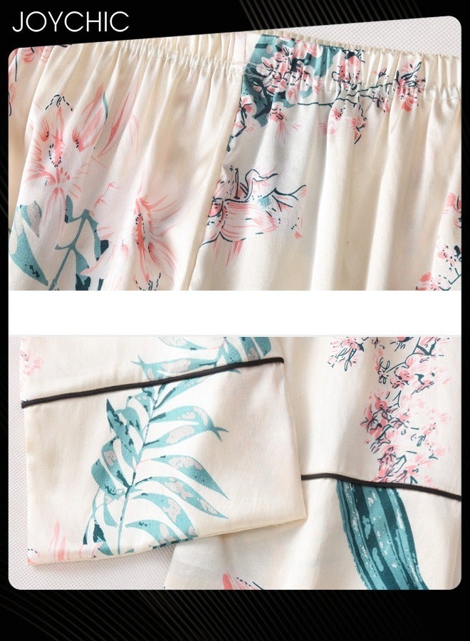 Joychic طقم بيجامة نسائي مكون من 7 قطع لجميع الفصول بأكمام طويلة من حرير الثلج، مريح وصديق للبشرة، فستان نوم لغرفة النوم - Image 4