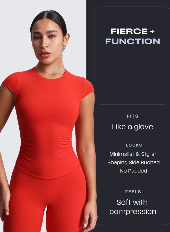 Aoxjox Women's Cap Sleeve T-Shirts Crew Neck Velura Ruched Tee Without Padded Workout PlushFlex™ Gym Yoga Crop Top - Image 5