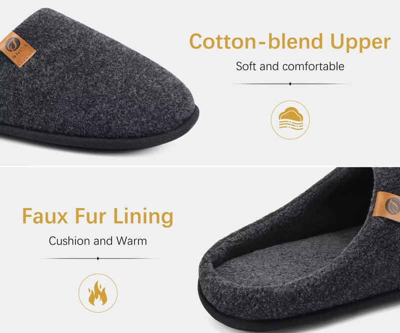 ONCAI Men's House Slippers Size 13 Memory Foam Cotton-Blend Slip-On Pantuflas Hombres Warm Cozy Scuff Home Felt Black Bedroom Shoes with Wide Width Indoor/Outdoor Washable Rubber Soles - Image 5
