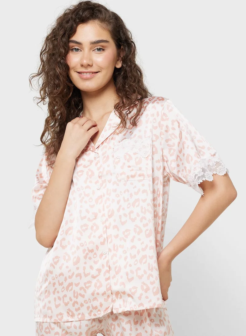 Ginger Animal Print Lace Detail Shirt & Pyjama Set