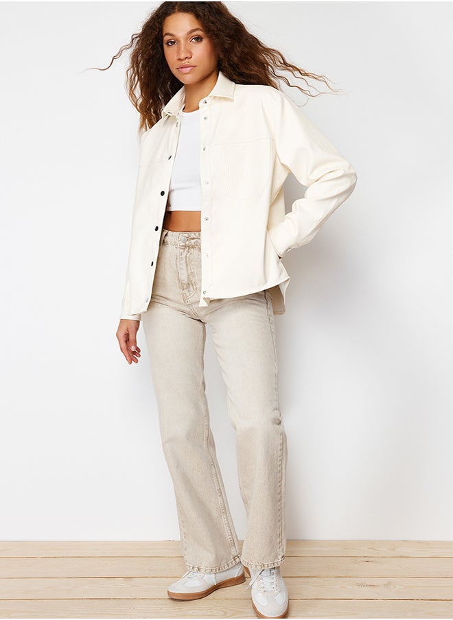 trendyol Ecru Oversize Faux Leather Thin Jacket Coat TWOSS24MO00049  - Image 1