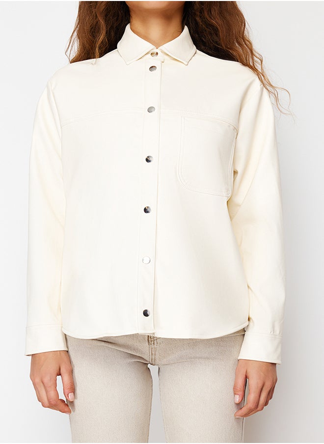 trendyol Ecru Oversize Faux Leather Thin Jacket Coat TWOSS24MO00049  - Image 5