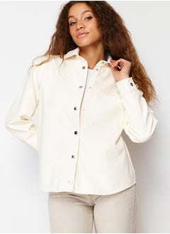 trendyol Ecru Oversize Faux Leather Thin Jacket Coat TWOSS24MO00049  - Image 3